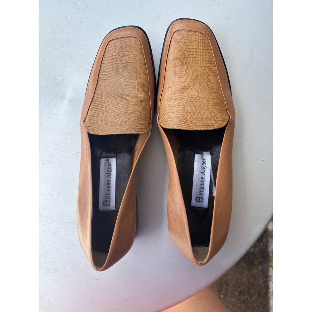 Etienne Aigner Rush Tan Leather Square Toe Loafers Low Block Heel Womens 7.5M